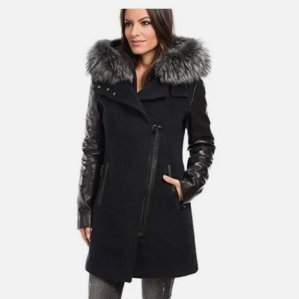 💜 Intuition Paris Wool Coat w/ Leather Trim & Real Fur Hood Size 4